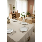 Organik Ham Keten Krem Siyah Şerit Detaylı Ponponlu Masa Örtüsü