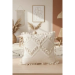 Özel Tasarım Çapraz Ponponlu Tekli Keten Krem Kırlent 2 Adet Kırlent Kılıfı (45X55)