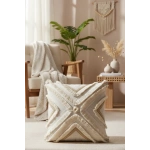 Özel Tasarım Çoklu Püsküllü Motifli Keten Krem Kırlent 2 Adet Kırlent Kılıfı (43 x 43)