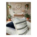 Özel Tasarım Siyah Püsküllü Keten Krem Kırlent 2 Adet Kırlent Kılıfı (43 x 43)