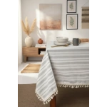 Keten Gri Antrasit Çizgili Ponponlu Masa Örtüsü