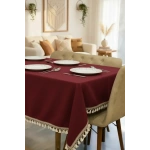 Bordo Pamuk Keten Şerit Ponponlu Masa Örtüsü