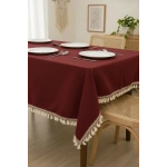Bordo Pamuk Keten Şerit Ponponlu Masa Örtüsü