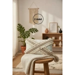 Ham Keten Krem Çapraz Kahve Dantelli Ponponlu 2 Adet Kırlent Kırlent Kılılfı (35 x 55)