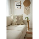 Bej Keten Kalın Dantel Ponponlu Kırlent 2 Adet Kırlent Kılıfı(43 X 43)