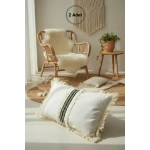 Keten Krem Siyah Şeritli Püsküllü Kırlent 2 Adet Kırlent Kılıfı(35 X 55 )