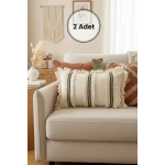 Keten Krem Üç Püsküllü Kırlent 2 Adet Kırlent Kılıfı (35 x 55)