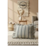 Premium Keten Gri Kalın Çizgili Fırfırlı Kırlent 2 Adet Kırlent Kılıfı (43 x 43 )