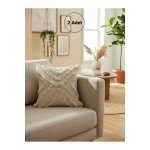 Ham Keten Çoklu Püsküllü Kare Kırlent 2 Adet Kırlent Kılıfı 43x43