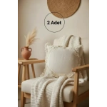 Ham Keten Baklava Mozaik Püsküllü Kırlent 2 Adet Kırlent Kılıfı 35x55