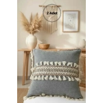 Antrasit Şeritli Ponponlu Kırlent 2 Adet Kırlent Kılıfı(43x43)