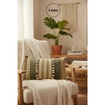 Gri Keten Üçlü Kahverengi Dantelli Kırlent 2 Adet Kırlent Kılıfı