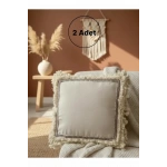 Dört Kenar Püsküllü Keten Krem Kırlent 2 Adet Kırlent Kılıfı43x43][