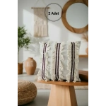 3 Püsküllü Ara Desenli Keten Krem Kırlent 2 Adet Kırlent Kılıfı