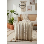 Üç Dantelli Püsküllü Ham Keten Krem 2 Adet Kırlent Kılıfı