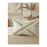 Çapraz Çoklu Püsküllü Keten Krem Kırlent 2 Adet Kırlent Kılıfı (35 x 55)