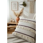 Üç Püsküllü Keten Krem Kırlent 2 Adet Kırlent Kılıfı (35 x 55)