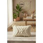 Çoklu Püsküllü Krem Keten Kırlent 2 Adet Kırlent Kılıfı (35 x 55)