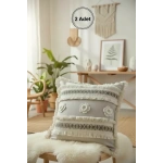 Kalın Dantel Püsküllü ve Motifli Keten Krem Kırlent 2 Adet Kırlent Kılıfı (43 x 43)