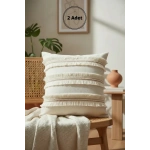 Özel Tasarım Jütlü Püsküllü Keten Krem Kırlent 2 Adet Kırlent Kılıfı ( 45 X 45)