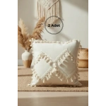 Özel Tasarım Çapraz Ponponlu Tekli Keten Krem Kırlent 2 Adet Kırlent Kılıfı (45X55)