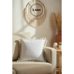 Keten Beyaz Ponponlu Kırlent 2 Adet Kırlent Kılıfı (43 x 43)
