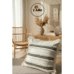 Özel Tasarım Siyah Püsküllü Keten Krem Kırlent 2 Adet Kırlent Kılıfı (43 x 43)