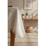 Buldan Dokuması Çizgili Krem Keten Ham Ponponlu Masa Örtüsü