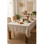 Buldan Dokuması Çizgili Krem Keten Ham Ponponlu Masa Örtüsü