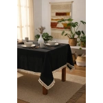 Premium Siyah Keten Ham Ponponlu Masa Örtüsü