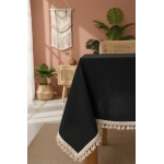 Premium Siyah Keten Ham Ponponlu Masa Örtüsü