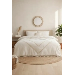 Çift Kişilik Ham Keten Nevresim Seti Jüt Dantelli Ponponlu Kahverengi Şerit Detaylı