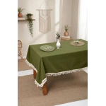 Premium Keten Haki Ponponlu Masa Örtüsü