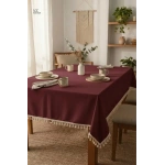 Bordo Pamuk Keten Ham Ponponlu Masa Örtüsü