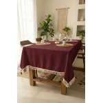 Bordo Pamuk Keten Ham Ponponlu Masa Örtüsü