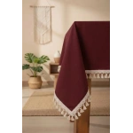 Bordo Pamuk Keten Ham Ponponlu Masa Örtüsü