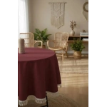 Bordo Pamuk Keten Ham Ponponlu Yuvarlak Masa Örtüsü