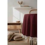 Bordo Pamuk Keten Ham Ponponlu Yuvarlak Masa Örtüsü