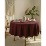 Bordo Pamuk Keten Ham Ponponlu Yuvarlak Masa Örtüsü