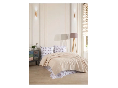 %100 Pamuk Çift Kişilik Pike Takımı - Bej & Çiçek Desenli Şık Set - 4 Parça