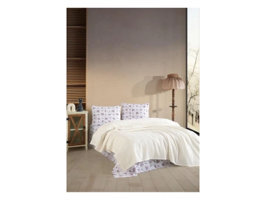 Krem Rengi & Çiçek Desenli Çift Kişilik Pike Takımı - %100 Pamuk Yumuşak & Konforlu Set