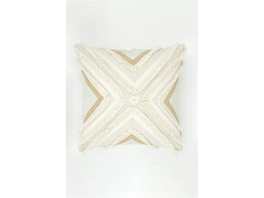 Özel Tasarım Çoklu Püsküllü Motifli Tekli Keten Krem Kırlent Kılıfı (43X43)