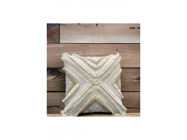 Özel Tasarım Çoklu Püsküllü Motifli Tekli Keten Krem Kırlent Kılıfı (43X43)