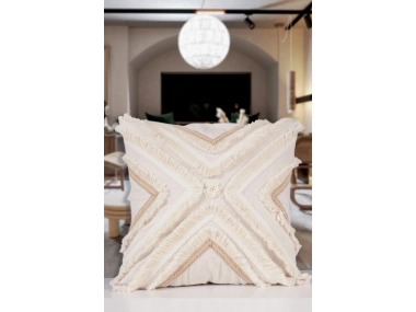 Özel Tasarım Çoklu Püsküllü Motifli Tekli Keten Krem Kırlent Kılıfı (43X43)