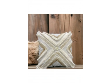 Özel Tasarım Çoklu Püsküllü Motifli Tekli Keten Krem Kırlent Kılıfı (43X43)