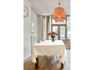 Organik Ham Keten Krem Ponponlu Masa Örtüsü