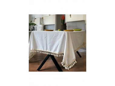 Organik Ham Keten Krem Ponponlu Masa Örtüsü