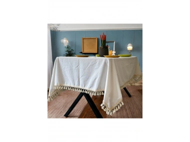 Organik Ham Keten Krem Ponponlu Masa Örtüsü