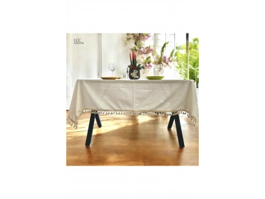 Organik Ham Keten Krem Ponponlu Masa Örtüsü