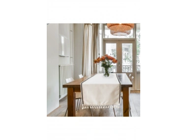 Ham Keten Siyah Şeritli Ponponlu 50 X 150 Cm. Krem Runner.